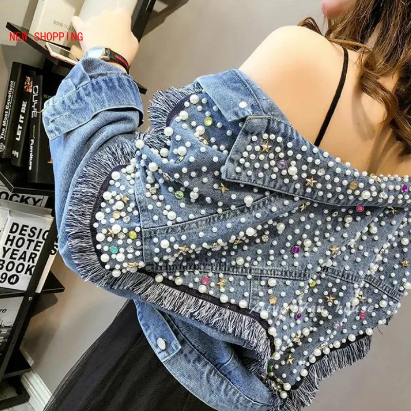 

2020 Autumn Denim Jacket Women Hand-studded Pearls Punk Tassel Veste Femme Loose Short Jeans Coats Chaquetas Mujer Streetwear