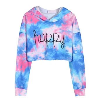 Autumn Children Sweatshirts Teen Girls Crop Tops Tie-dye Hoodies Long Sleeve Pullover Kids Fashion Sweatshirts  6 8 10 12 14Y 2