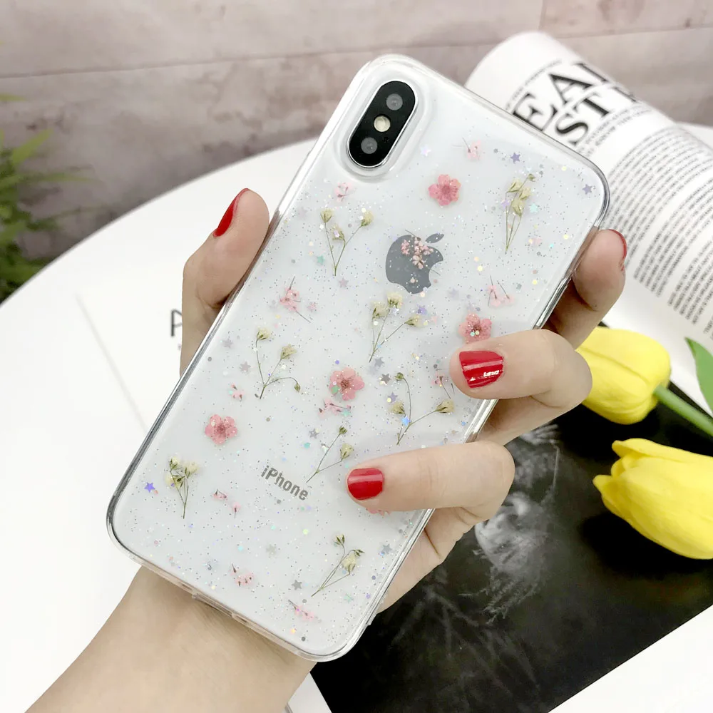 Pink Настоящие сухие цветы чехол для iphone 7 8 Plus X чехол для iphone 11 Pro XR X XS Max 8 7 6S 6 Plus чехол силиконовый чехол для телефона s - Цвет: Pink