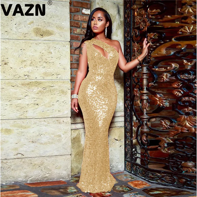 VAZN ME190 Топ дизайн 2019 летнее сексуальное женское платье 4 цвета в пол на одно плечо