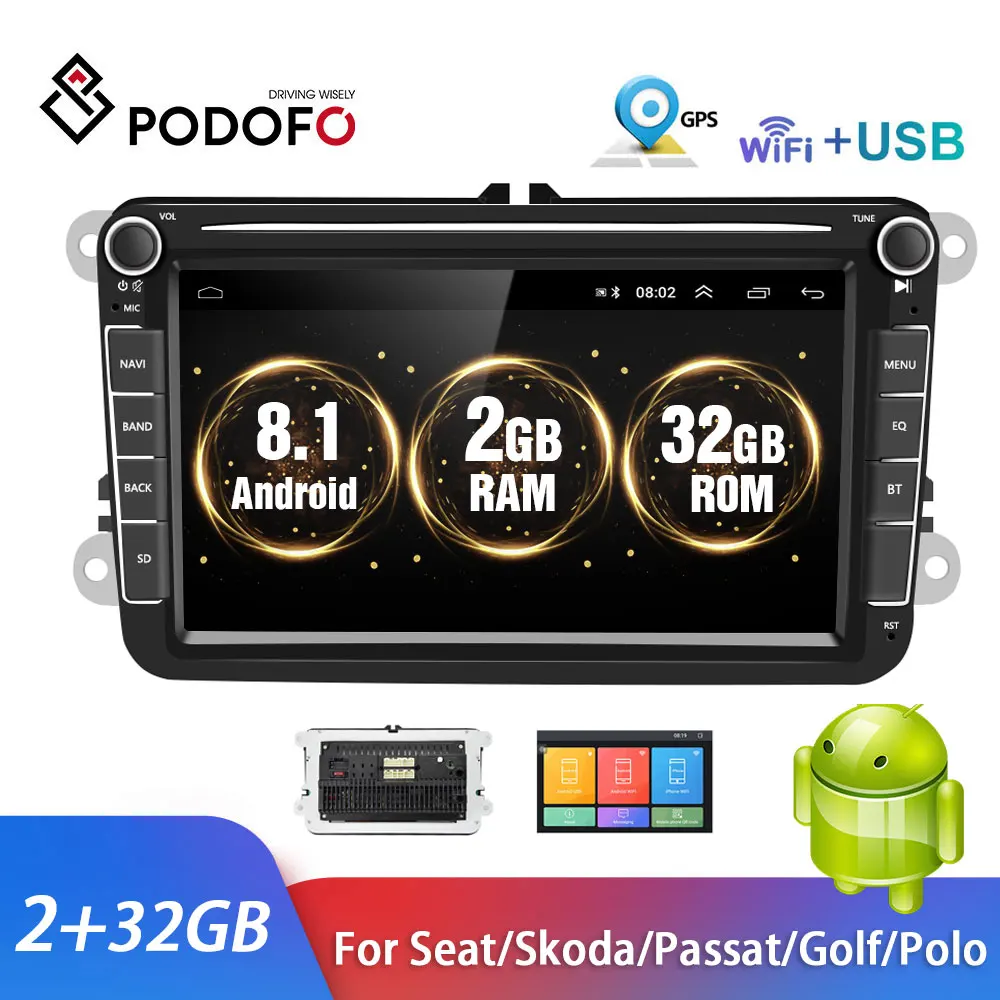 Podofo Radio de coche Android 2din GPS estéreo receptor 8 pulgadas de Audio MP5 reproductor Multimedia para VW/asiento/Skoda/B5 Passat b6 /Golf/Polo