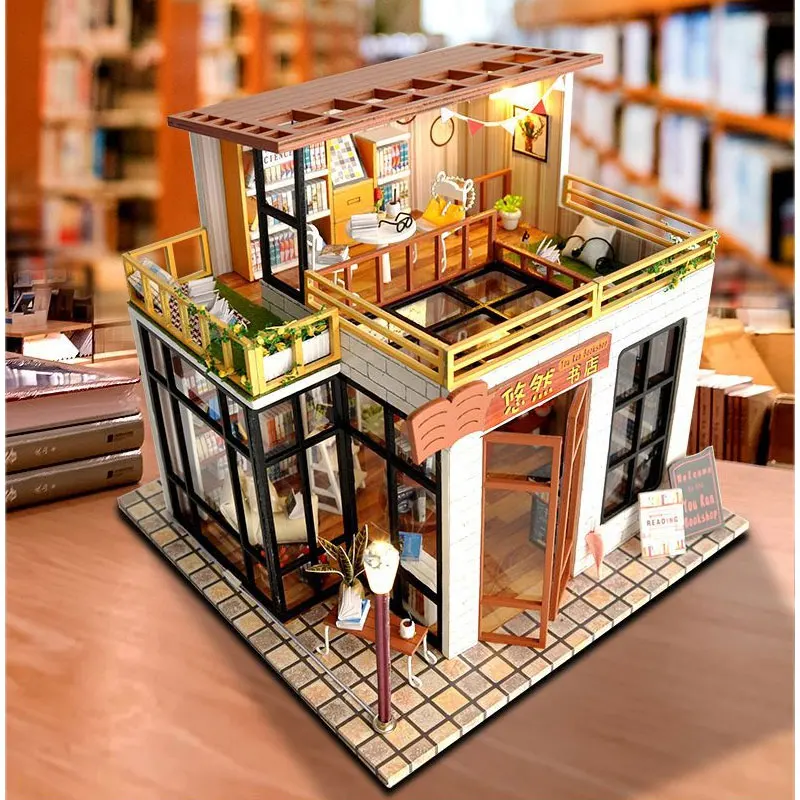 Книжный магазин миниатюрный кукольный домик наборы мебели DIY деревянный кукольный дом модель светодиодный светильник 3D головоломка игрушка домашний Декор подарок на день рождения