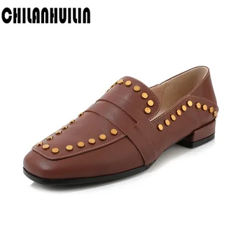 

shoes women spring summer leather pumps office lady shoes low square heel square toe rivets slip on work shoes woman dress shoes