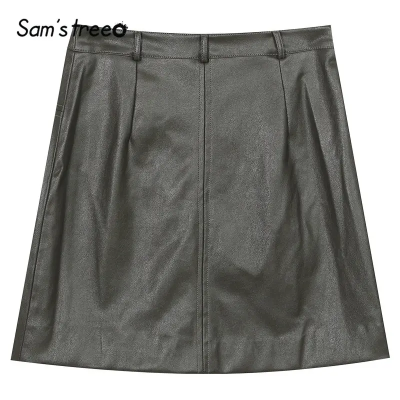 SAM'S TREE/зеленые однотонные кожаные юбки трапециевидной формы с завышенной талией для женщин; коллекция года; Сезон Зима; однотонные короткие обтягивающие локомотивные офисные женские юбки на каждый день