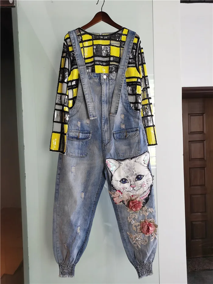 Women Print Cartoon Cat Denim Jumpsuits Rompers Overalls New Hole Loose Beaded Jean Pants Female Casual Long Pants Women Print Cartoon Cat Denim Jumpsuits Rompers Overalls New Hole Loose Beaded Jean Pants Female Casual Long Pants
