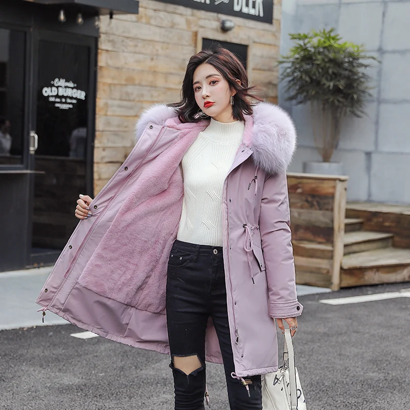 

New Girls Winter Jacket Women Parkas Pink Rabbit Hair Lining Long Down Cotton Winter Coat Women Thickening Jacket Loose Coat