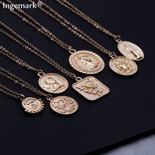 Ingemark, простое, винтажное, резное ожерелье с кулоном в виде монеты, крупное лицо, Богиня Девы Марии, розы, ангела, длинная цепочка, ожерелье для женщин