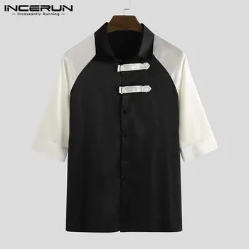 

INCERUN Vintage Men Shirt Half Sleeve Patchwork Button Turn-down Collar Street 2020 Korean Mens Shirts Breathable Summer Camisa