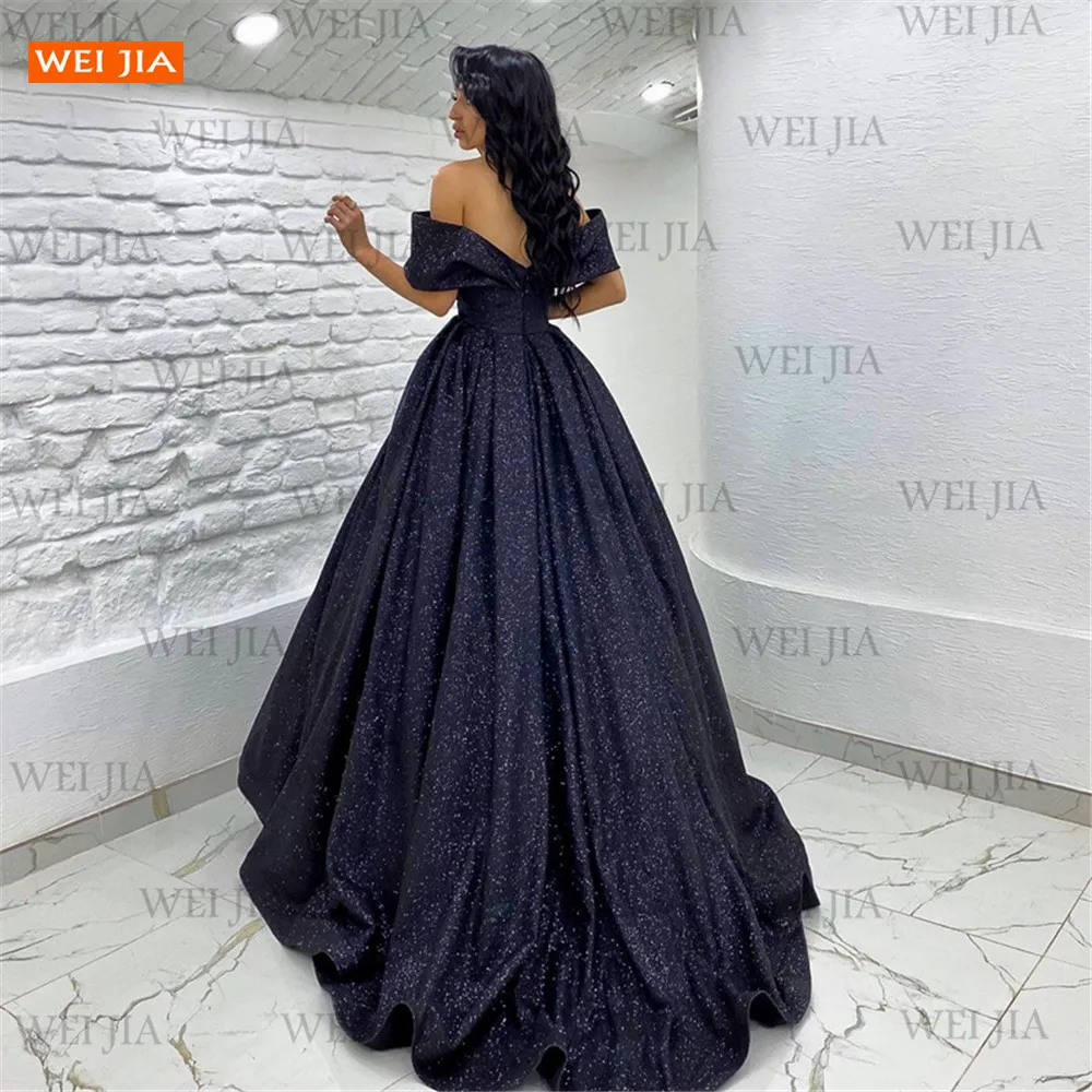 black evening dresses Simple Dark Navy Evening Dress 2021 Off The Shoulder Zipper Ball Gown vestido de noiva Night Reflective Dresses Women robe maria ball gown for women