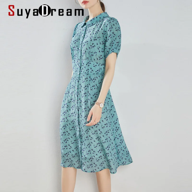 Платье рубашка SuyaDream женское с принтом 100% шелк высокой талией и кукольным
