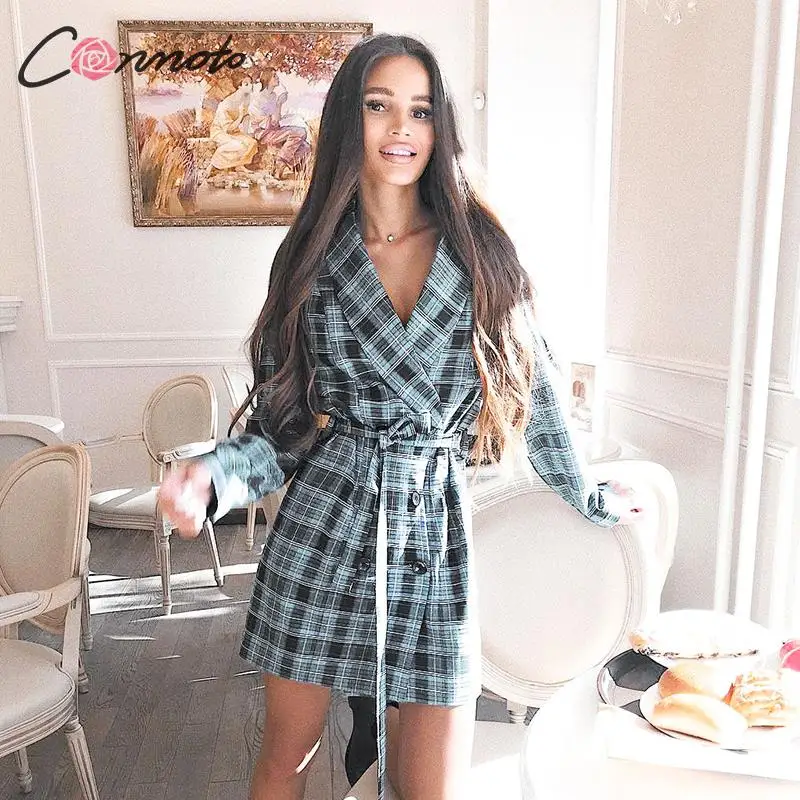 

Conmoto Women Fashion Plaid Blue Blazer Dress 2019 Autumn Winter Long Sleeve Mini Dress Female Business Chic Sashes Blazer