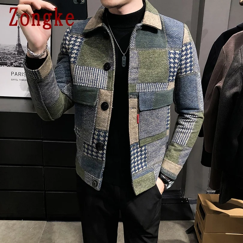 Zongke шерстяной плед куртка Бомбер зимняя Для мужчин 2021 Японская уличная одежда