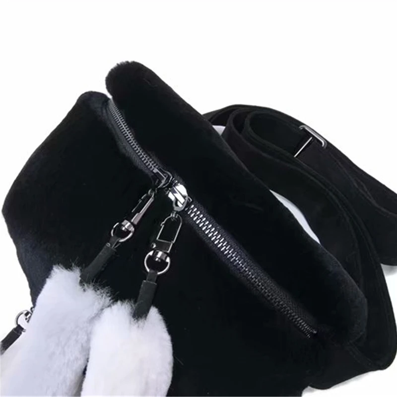 IANLAN Casual Womens Real Rex Rabbit Fur Belt Bag& Fanny Pack Sweet Lady Cute Contrast Color Crossbody Bags IL00556