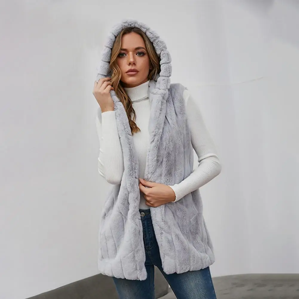 Waist Tight Hooded Vest Coat Women Faux Fur Pockets Solid Color Plus Size Long Warm Lady Vest Overcoat Outerwear жилетка женская