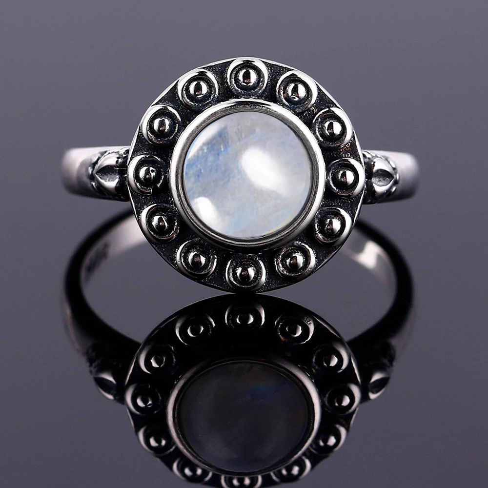 925 Silver Ring Round 7MM Natural Moonstone and Natural Purple Dragon Crystal Retro Heart Ring Engagement Wedding Party Gift
