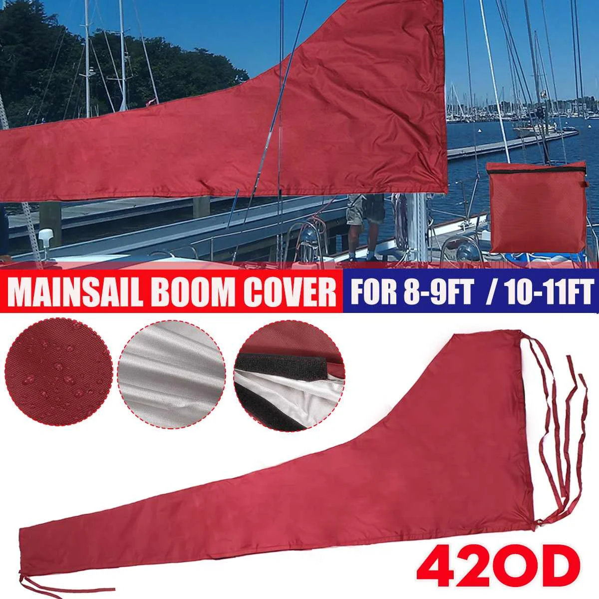 420D 8-9ft Sail Cover Mainsail Boom Sailboat Covers Waterproof UV Protection 3M 