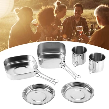 

Outdoor 6 Pieces Set Stainless Steel Cookware Combination Pot Anti-corrosion and Lightweight Camping Cookware Picnic Cooking Set
