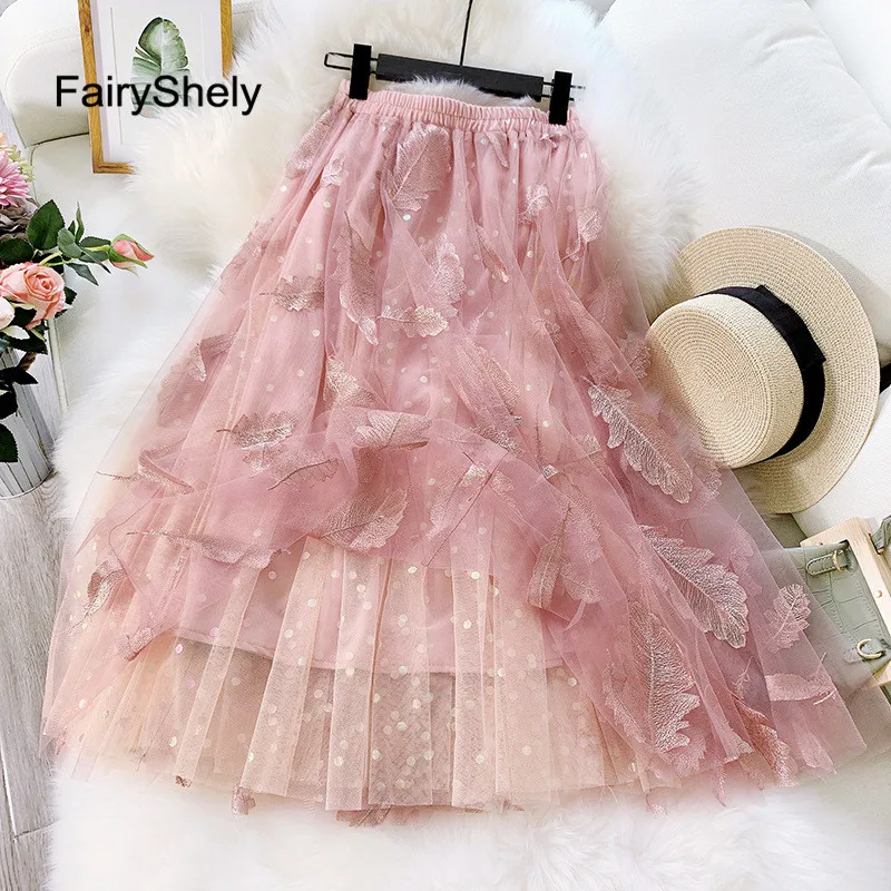 Женская плиссированная длинная юбка в горошек FairyShely розовая миди из тюля с