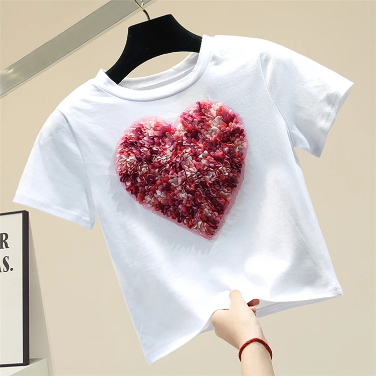 

Three-dimensional Lovely Flower Short Cotton T Shirt Women Loose Short Sleeve T Shirt Female Ins Fashion Summer Top Blusas Mujer