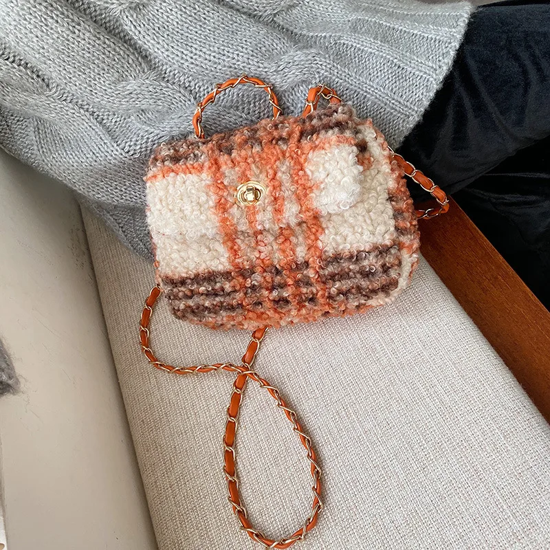 

Language meng wei Plush WOMEN'S Bag 2019 New Style Korean-style Autumn And Winter Contrast Color Bag with Chain Versatile Non-ma