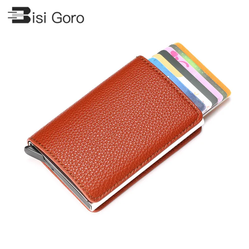 

BISI GORO RFID Pop-Up Card Holder Aluminum Box Litchi Soft Leather Card Case Information Protector Security Slim ID Card Case