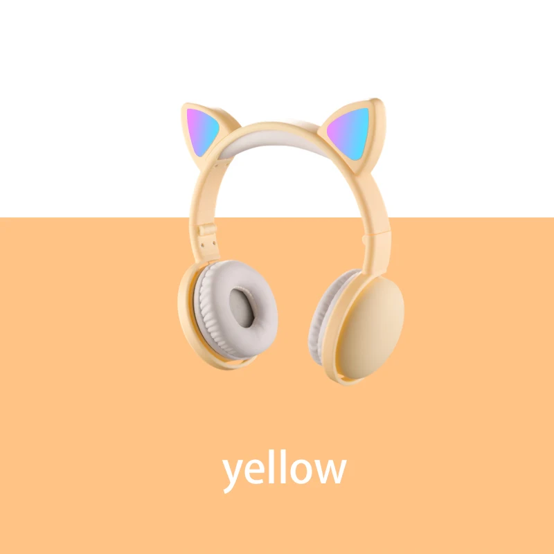 Yellow Bluetooth Wireless Headphones 5.0 Led Light Cat Ear Headset Noise Cancelling Stereo Music Headset With Microphone Girl Kid Gifts - Цвет: Yellow
