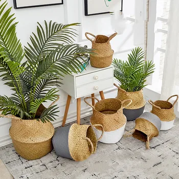 

Hand-woven Storage Basket With Handle Desktop Toy Sundries Snacks Boxes Wickerwork Organizer Plant Pot Holder Home Decoration
