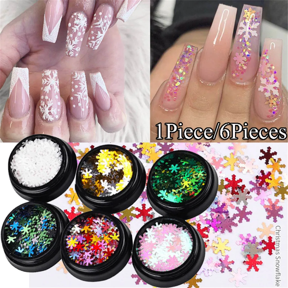 

6Pcs/Set Nail Sequins Snowflakes Christmas Decoration Shiny Glitter Designs Mixed Colors 3D Stickers For Nails Art Manicure Tool