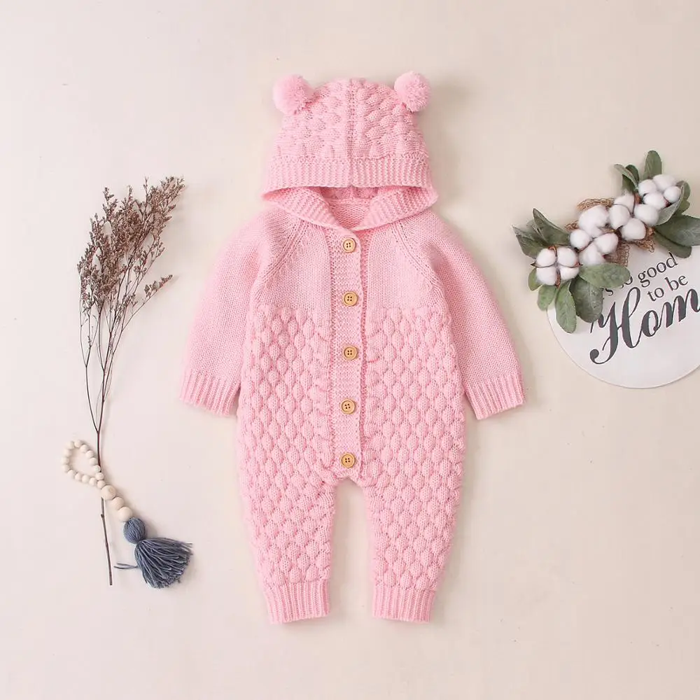 Свитер для малышей; детские вязаные комбинезоны с рисунком медведя; вязаные осенние комбинезоны для новорожденных мальчиков; зимняя одежда с длинными рукавами; Детский комбинезон - Цвет: pink