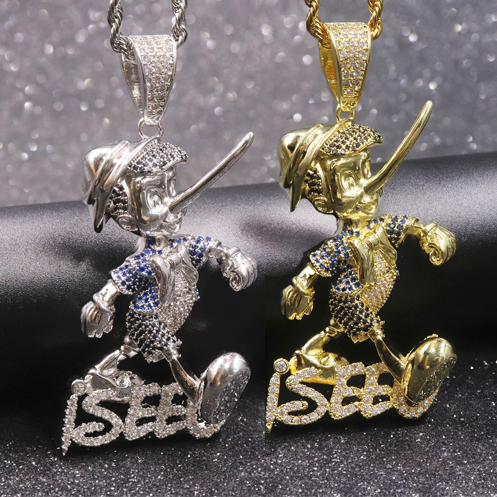 

Pinocchio Cartoon Anime Character Pendant With Rope Chain Gold Silver Bling Cubic Zircon Men's Hip hop Necklace Jewelry Gift