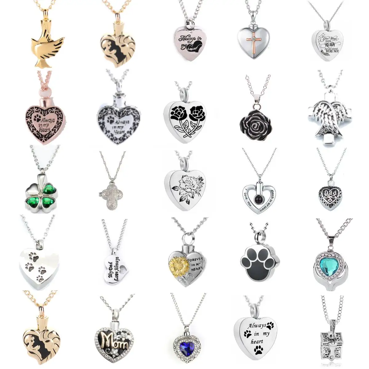 Cremation Urn Women Necklace 25Styles Stainless Steel Cremation Ash Jewelry Heart Urn Necklace Memorial Heart Pendant Funnel Fill Kit Pendant Gifts For Women