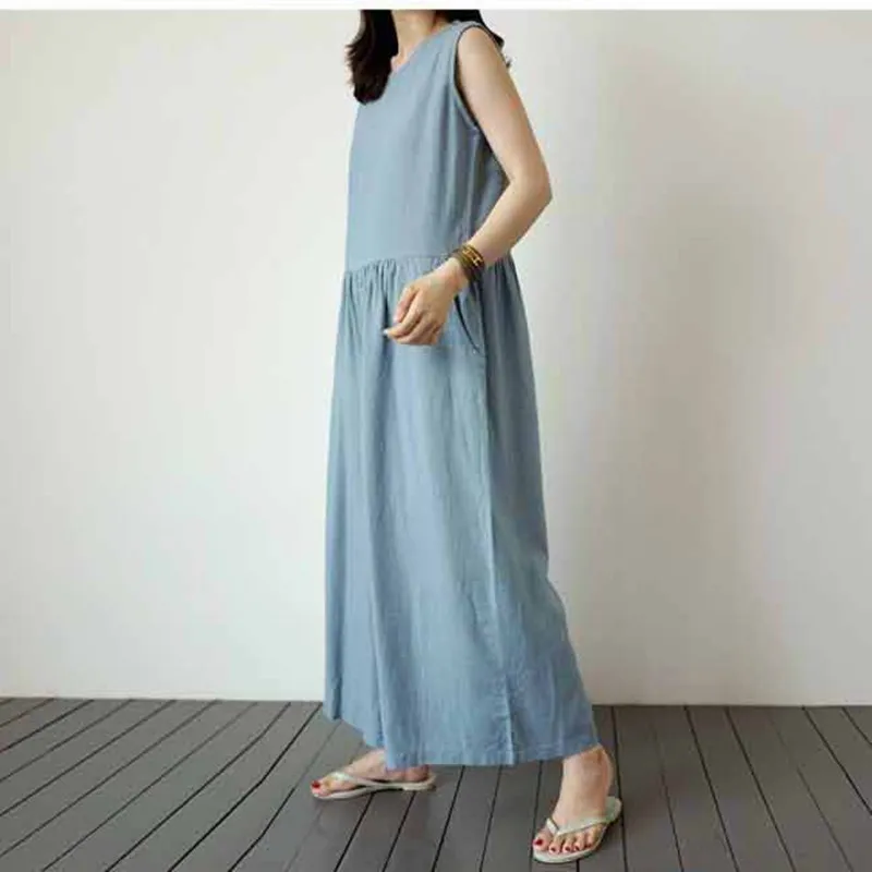 Johnature 2020 New Korean Casual Cotton Linen Sleeveless Loose Jumpsuits Women Summer Pockets Ankle-length Bodysuits Johnature 2020 New Korean Casual Cotton Linen Sleeveless Loose Jumpsuits Women Summer Pockets Ankle-length Bodysuits