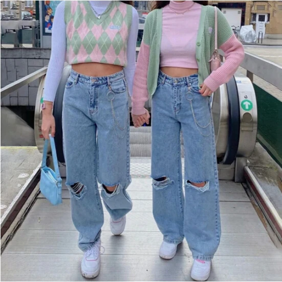 

Женские джинсы с широкими штанинами Nice Pop, однотонные свободные рваные джинсовые брюки с высокой талией и металлической цепочкой, модные Универсальные