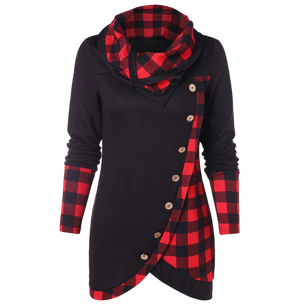 

Women Sweatshirts Scarf Collar Tartan Asymmetrical Sweatshirt Patchwork Vintage Long Tunic Pullovers Spring Autumn