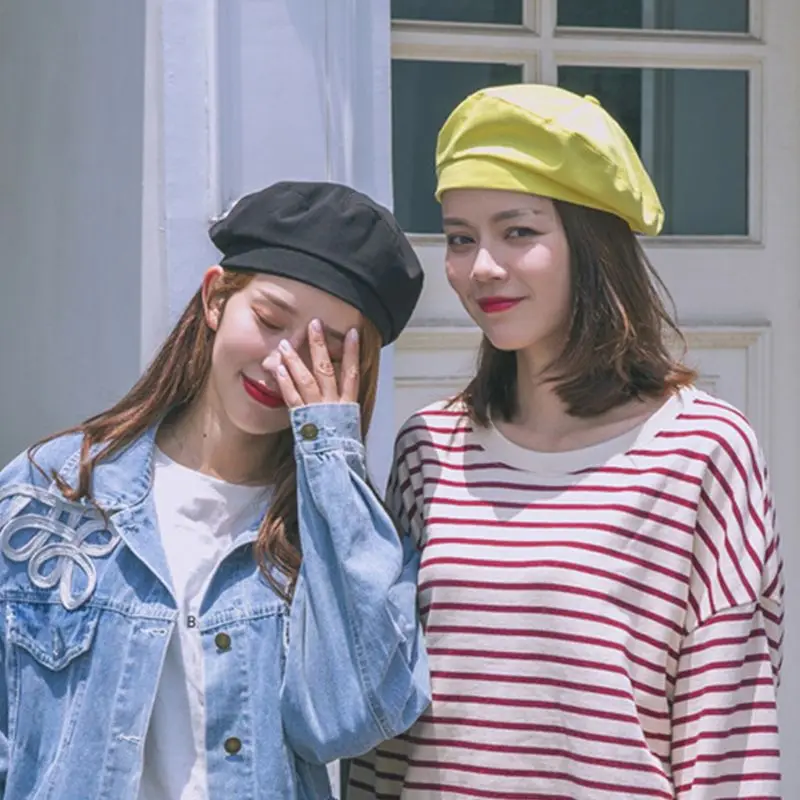 Осенний хлопоковый берет для женщин и девочек Harajuku, однотонная, Минималистичная, ретро регулируемая, эластичная, восьмиугольная, Студенческая Шапка-бини