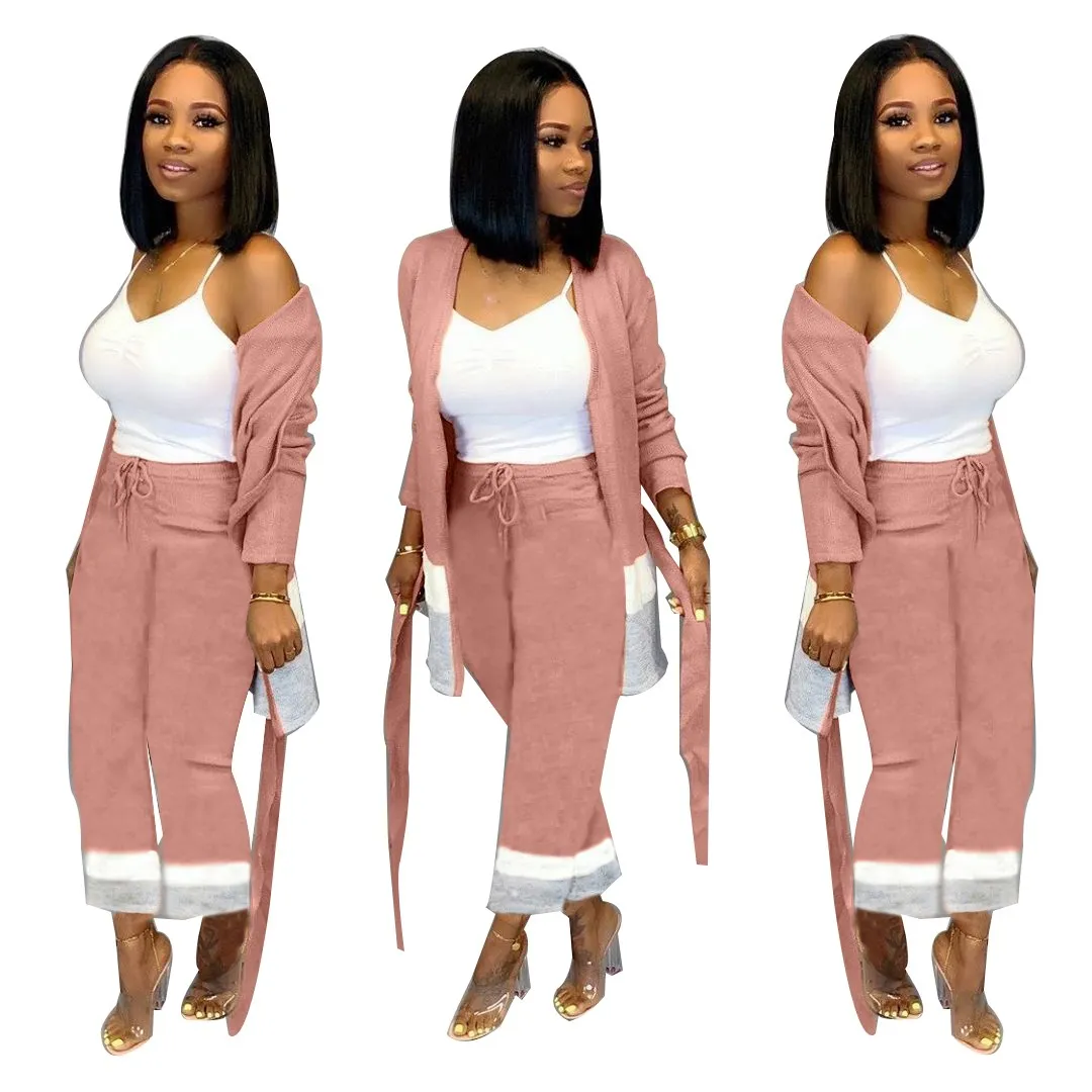 

Fall Casual Knitting Cardigans Tops Ankle-Length Pants 2Pcs Sets Female Casual Knitting Trousers Suits
