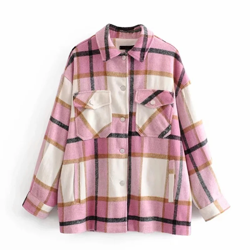 discount Plaid Overshirt Wool Blend Jacket Vintage Stylish Pockets Fashion Lapel Collar Long Sleeve Coat Cas