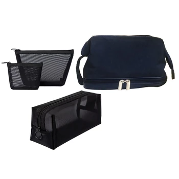 

3Pcs/Set Black Mesh Clear Cosmetic Bag Beauty Wash Bags & 1 Pcs Blue Double-Deck Waterproof Cosmetic Bag