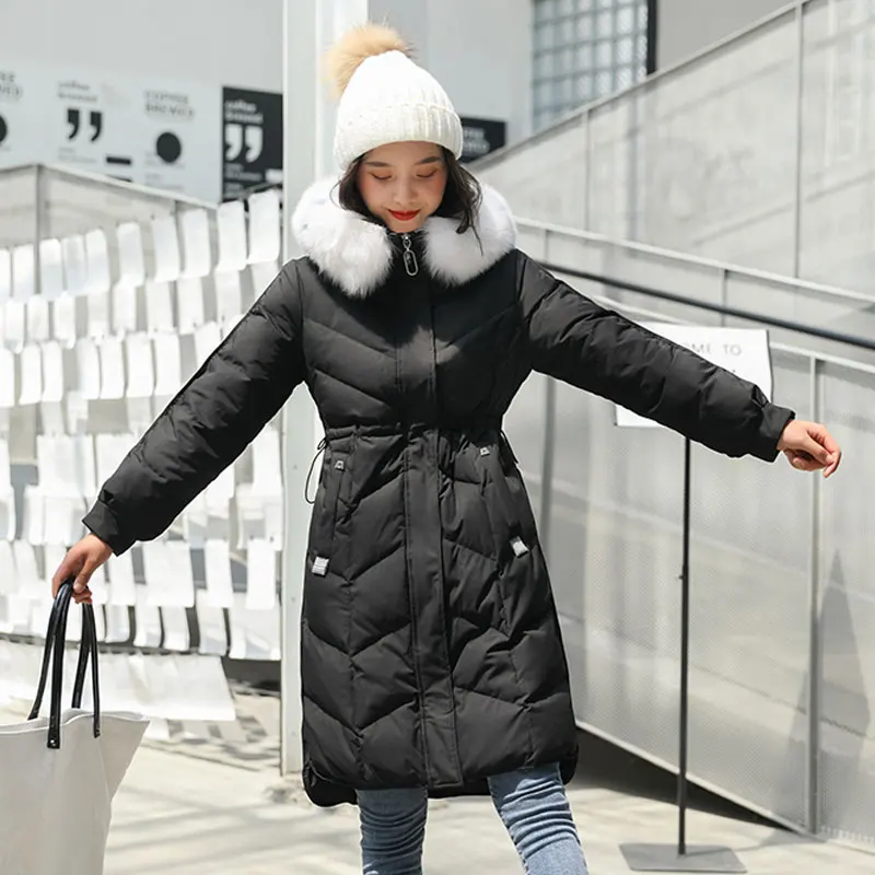 Новое зимнее длинное плотное белое пуховое пальто с натуральным лисьим меховым воротником, женская тонкая теплая пуховая куртка, ветрозащитная парка, верхняя одежда на молнии - Цвет: Black