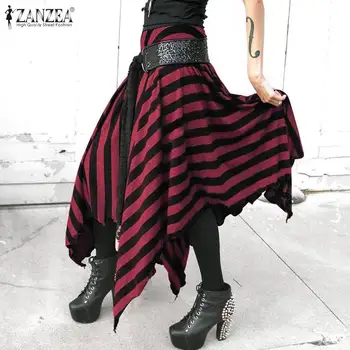 

2020 Plus Size ZANZEA Fashion Summer Asymmetrical Sundress Women Elastic Waist Striped Party Maxi Skirts Faldas Saia Female Robe