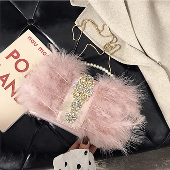 

Embellished Feather Clutch Women Luxury Fur Handbag Pearl Beaded Feather Purse Pink White Fur Bags Sac Femme Bolso Mujer
