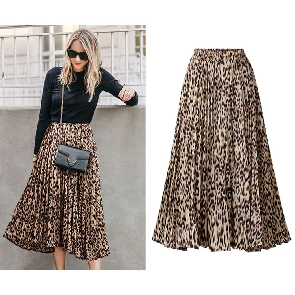 Faldas plisadas de gasa mujer, Faldas Largas con estampado leopardo, a moda, para fiestas - AliExpress