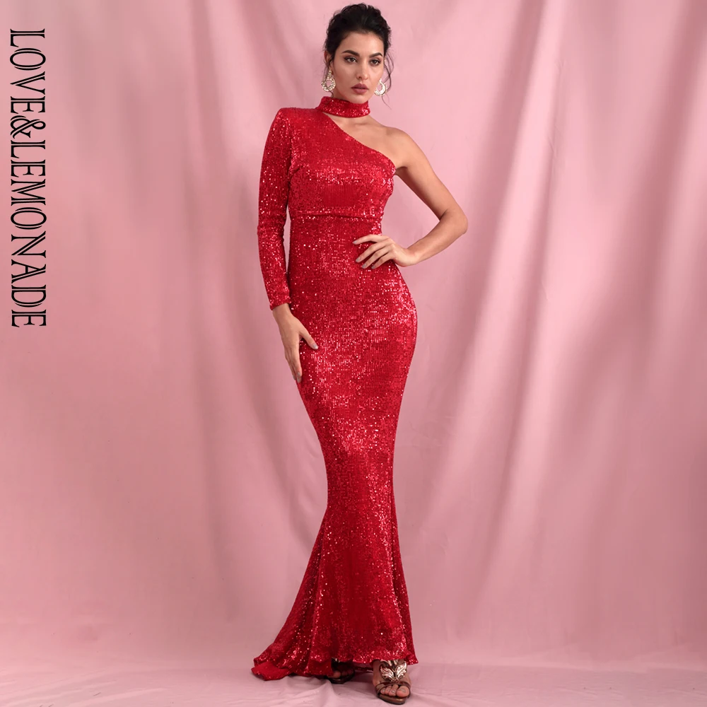 

LOVE&LEMONADE Sexy Red Halter Strapless Single Sleeve Elastic Sequins Bodycon Party Maxi Dress LM82191