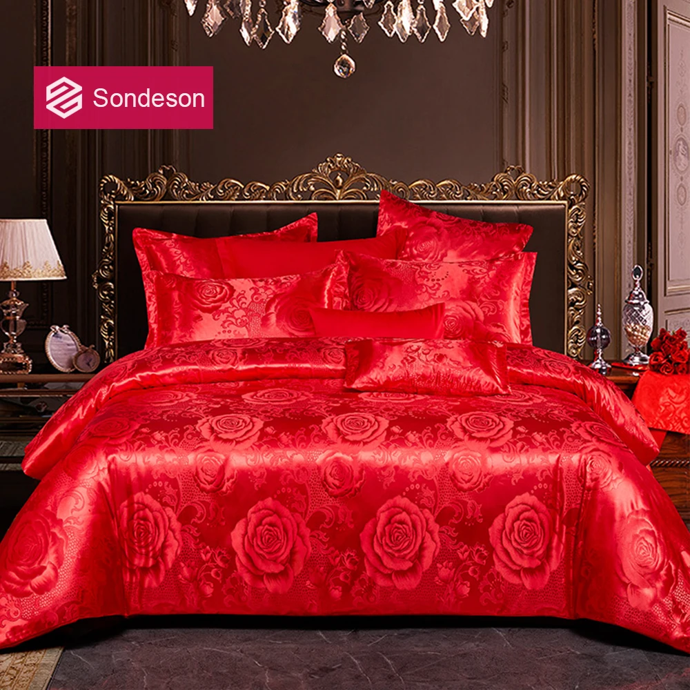 

Sondeson Wedding Euro Jacquard Red Bedding Set Printed Flower Duvet Cover Pillowcase Flat Sheet Bed Linen Queen King Bed Set