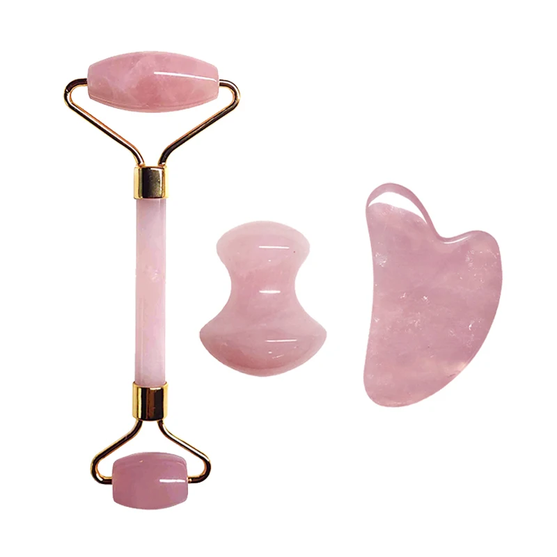 3Pcs/Set Natural Rose Quartz Jade Roller Real Gouache Jade Gua Sha Board Massager Face Lifting Tool Facial Guasha Massage Kit 3pcs 25 50mm positioning screwdriver bit magnetic head hex shank screw depth for gypsum board plasterboard screw power tool