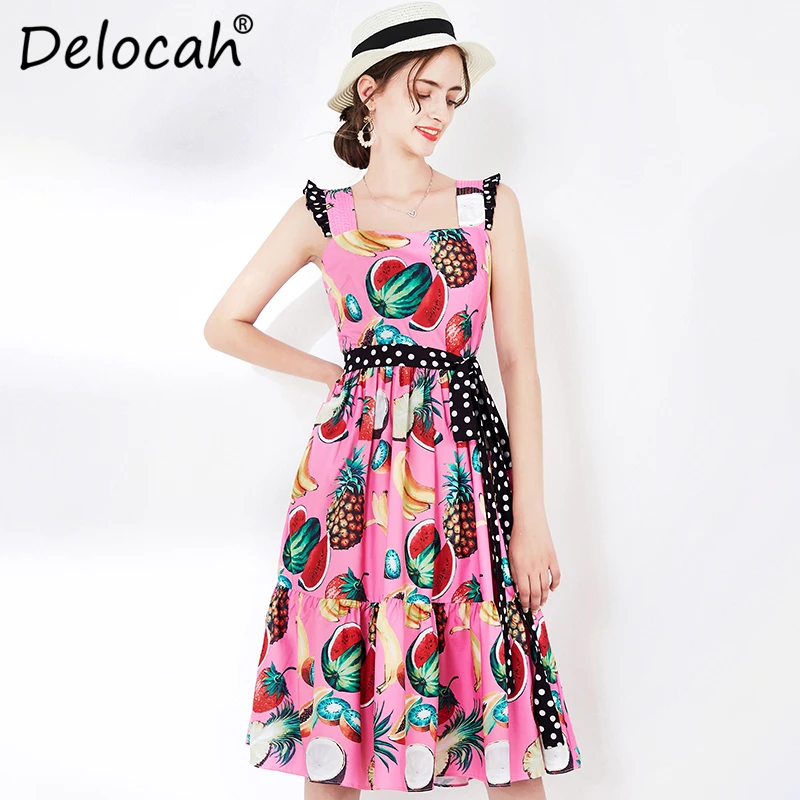 

Delocah 2020 Spring Summer Women Dress Runway Fashion Designer Ruffles Sleeve Dot Fruit Printed Elegant Slim Ladys A-Line Dress