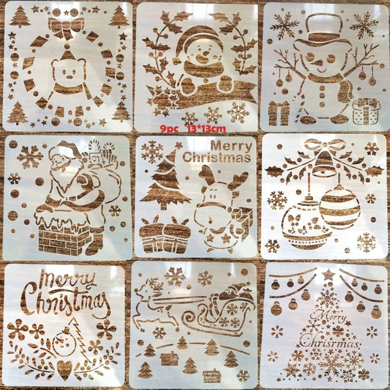 

9pc Stencil Christmas Painting Template DIY Embossing Craft Bullet Journal Accessories For Scrapbooking Stencil Reusable 13CM