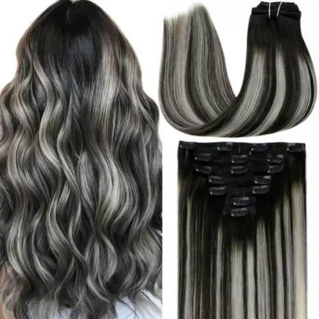 Full Shine Clip In Human Hair Extensions Balayage Ombre Blonde Black Hairpins 7pcs 120g Double Weft 100% Machine Remy For Woman 1B Silver 1B(7pcs)