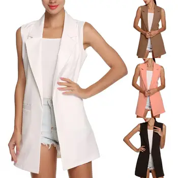 

Solid Color Fashion Women Sleeveless Lapel Waistcoat Open Front Cardigan Coat