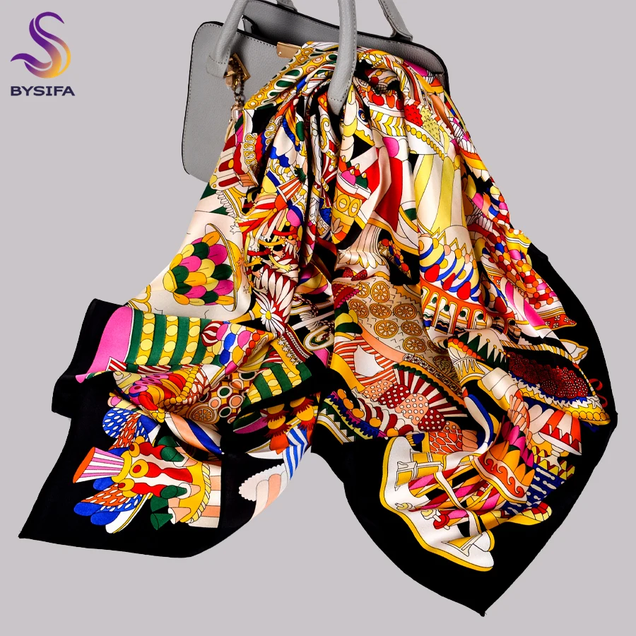 

BYSIFA| New Brand Pure Silk Scarf Shawl Printed Fashion Black Gold Scarves Hijabs Elegant Top Grade Winter Scarves Wraps 90*90cm